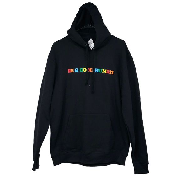 NWT “Be A Good Human”  Black Hoodie, Pride, Colorful Spellout SZ L - Picture 1 of 7